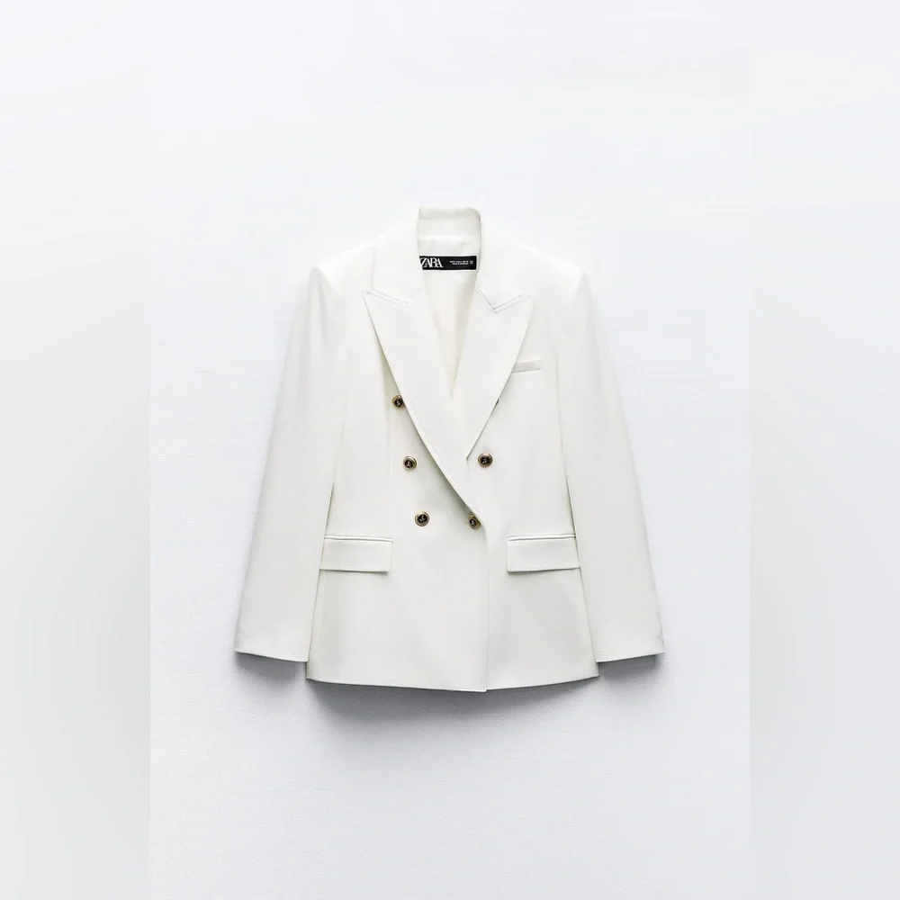 ZARA Oyster White Tailored Double Breasted Blazer Gold Button Sz M NWT - Picture 5 of 6